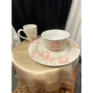 3 Piece Set, Nautica “Pink Sands” Tableware, Dinner Plate, Cereal Bowl and Coffe